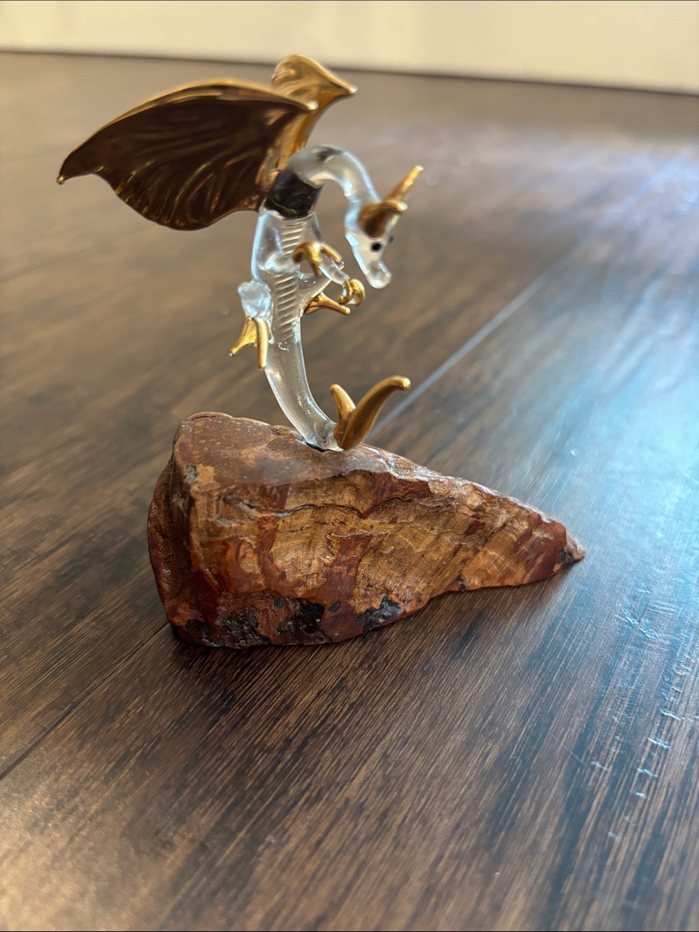 Vintage Hand-Blown Glass Dragon Figurine on Wood Burl Base – 22KT Gold Accents